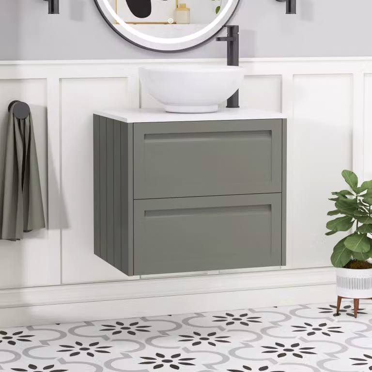 Royal Bathrooms Elmore Wall Hung Vanity Unit with Breeze Basin, Matt Green and Plain White Worktop, 600mm