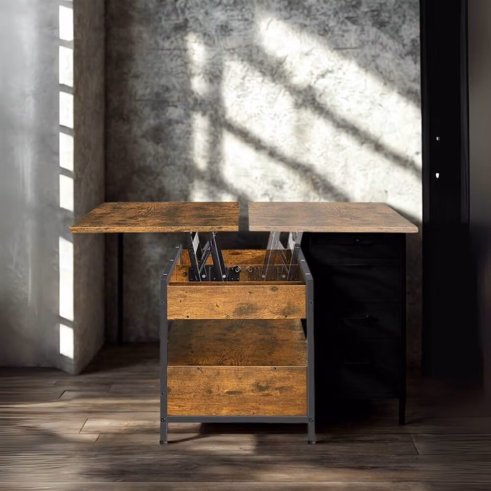 Pirlo Plush Industrial Lift Top Coffee Table with Drawers in Rustic Brown and Black – 3