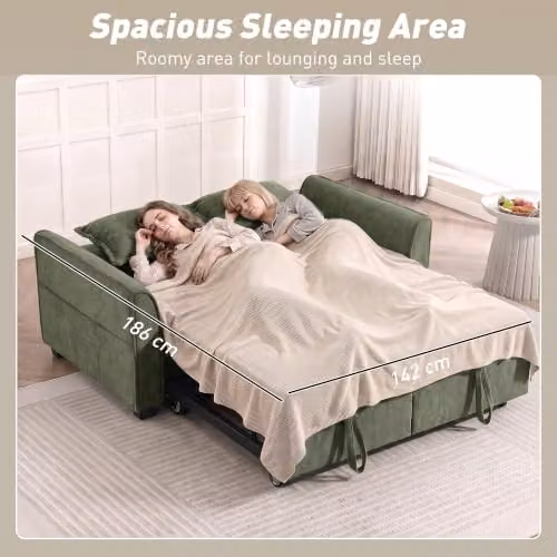 HOMCOM 2 Seater L Shaped 4-in-1 Pull Out Sofa Bed in Dark Green with Solid Wood Frame and Reversible Fabric Upholstery – 5