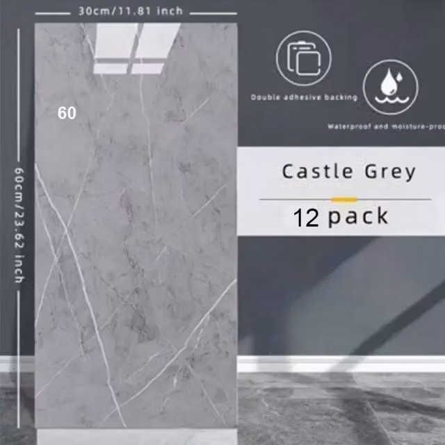 PAWNORA Castle Grey Marble Look Glass Wall Tile Stickers, 12 Pieces