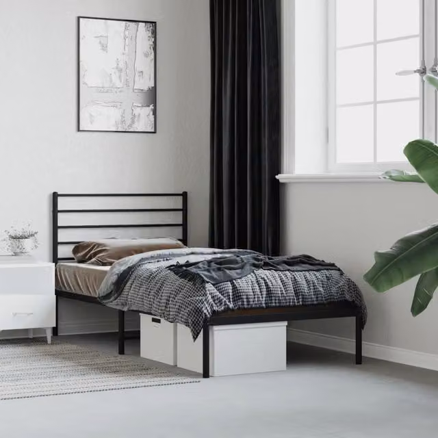 Berkfield Home Metal Bed Frame with Headboard in Black, W/D/H: 100 x 190 cm