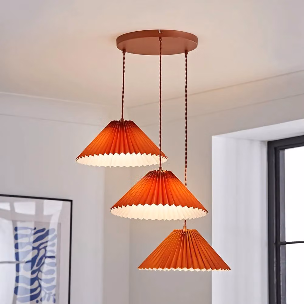 ValueLights Akira Pleated 3 Way Triple Drop Ceiling Pendant Light with LED Bulbs in Burnt Orange – 2