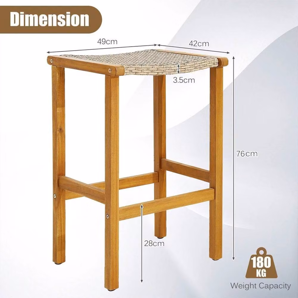 Kelvenix 2-Pack Brown Rattan and Acacia Wood Outdoor Bar Stools – 2