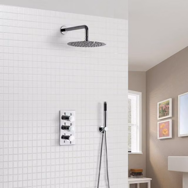 Nes Home Calla Concealed Thermostatic Shower Set with Slim Overhead Shower Head and Pencil Handset in Silver Chrome