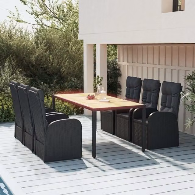 Berkfield Home 7 Piece Black Poly Rattan and Solid Acacia Wood Garden Dining Set