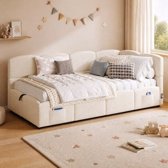 STILVORA Single Sofa Bed with USB and Hydraulic Storage in Beige, W: 90 cm, L: 190 cm