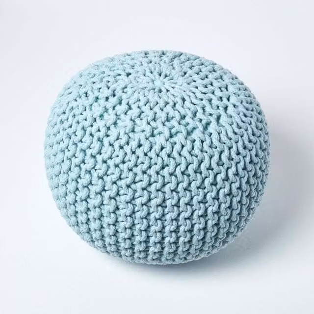 Homescapes Round Cotton Knitted Pouffe in Blue, Diameter: 40 cm