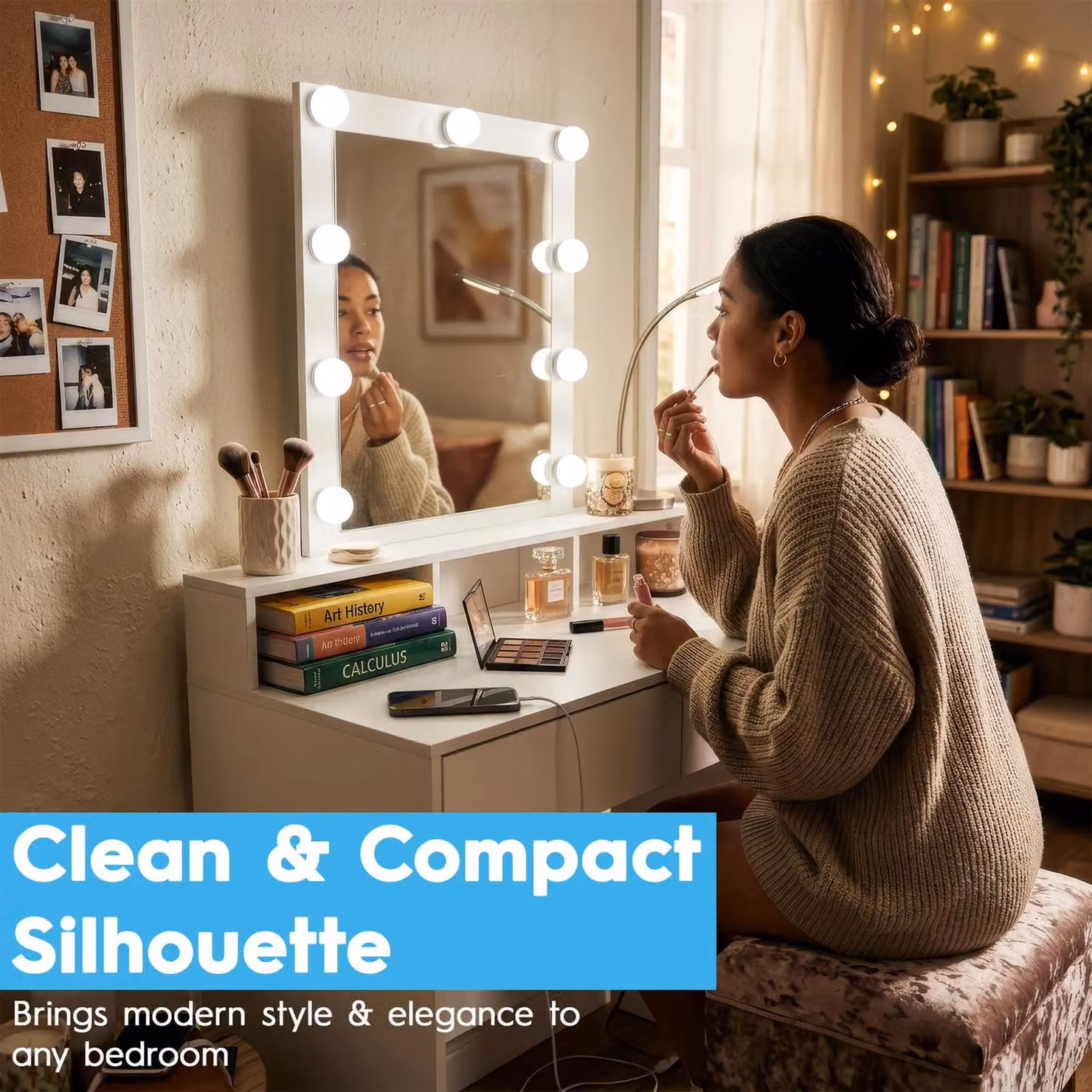 Harbour Housewares Modern Wooden Dressing Table Set with LED Lights and Stool in Grey and White – 4