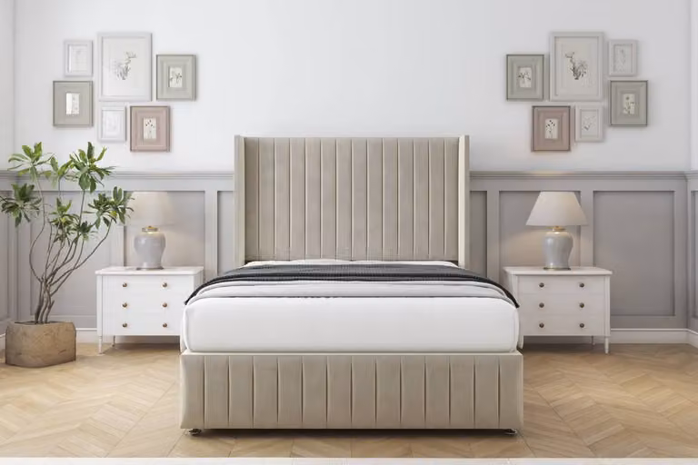 Sloomy Marlborough Plush Divan Set in Beige with Wingback Headboard and Footboard, W/D/H: 90 x 190 x 137.16 cm