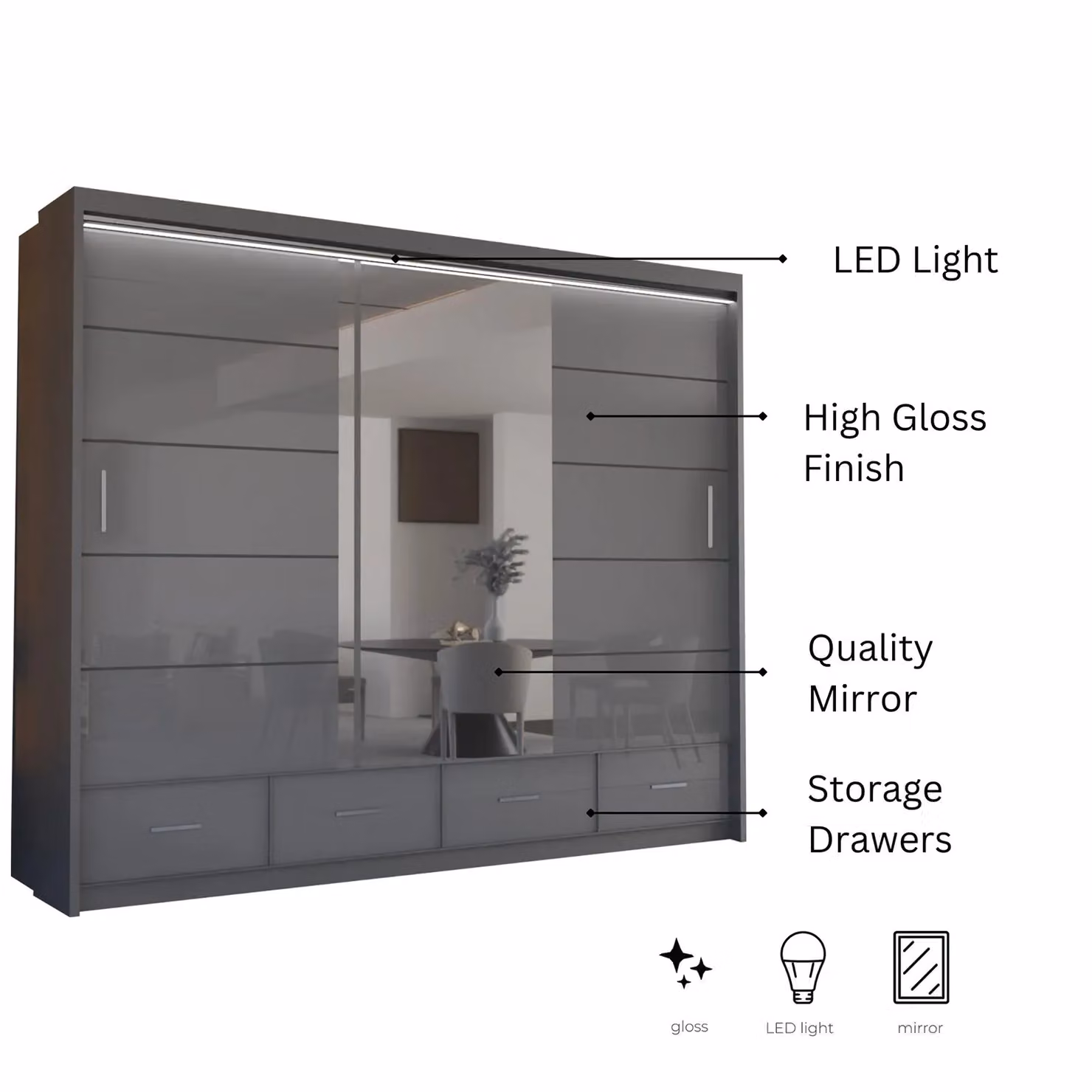 Sliding Wardrobes 4U Luxury High Gloss Sliding Wardrobe with LED Light, Grey, W: 255 cm, H: 220 cm – 2