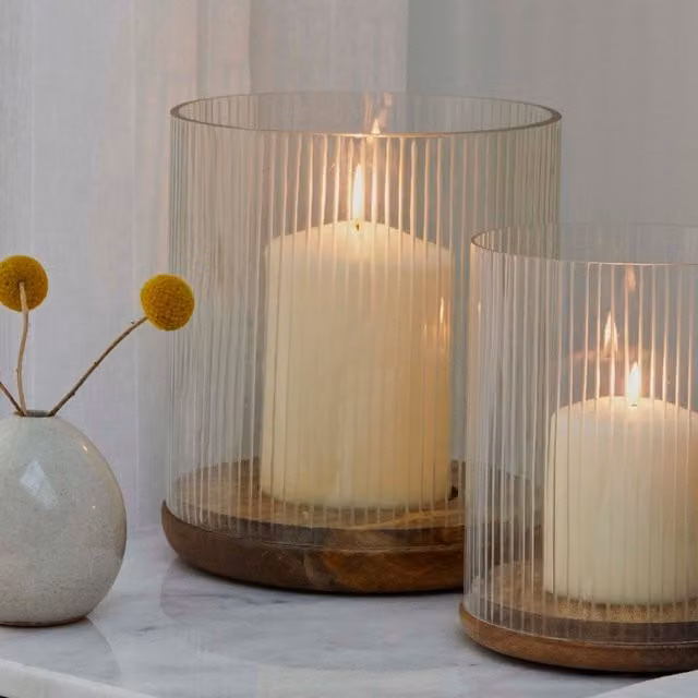 Ivyline Amelia Ribbed Glass and Wooden Pillar Candle Holder, Transparent, H: 23 cm, D: 20 cm