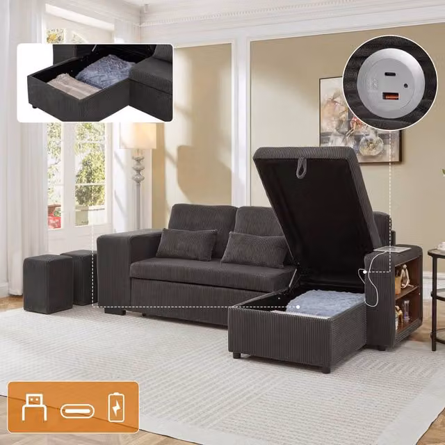 Matteo Reversible L-Shaped Convertible Sofa Bed with USB Charging Station and Storage in Grey