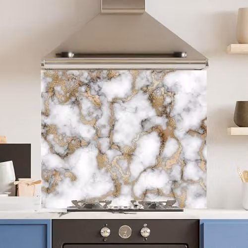 White and Gold Marble Look Toughened 6mm Glass Kitchen Splashback, W: 90 cm, H: 75 cm