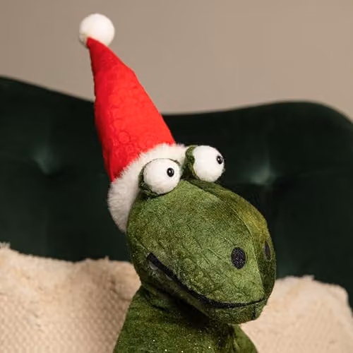 Samuel Alexander Green and Gold Sitting Christmas Dinosaur with Santa Hat, Height: 48 cm – 4