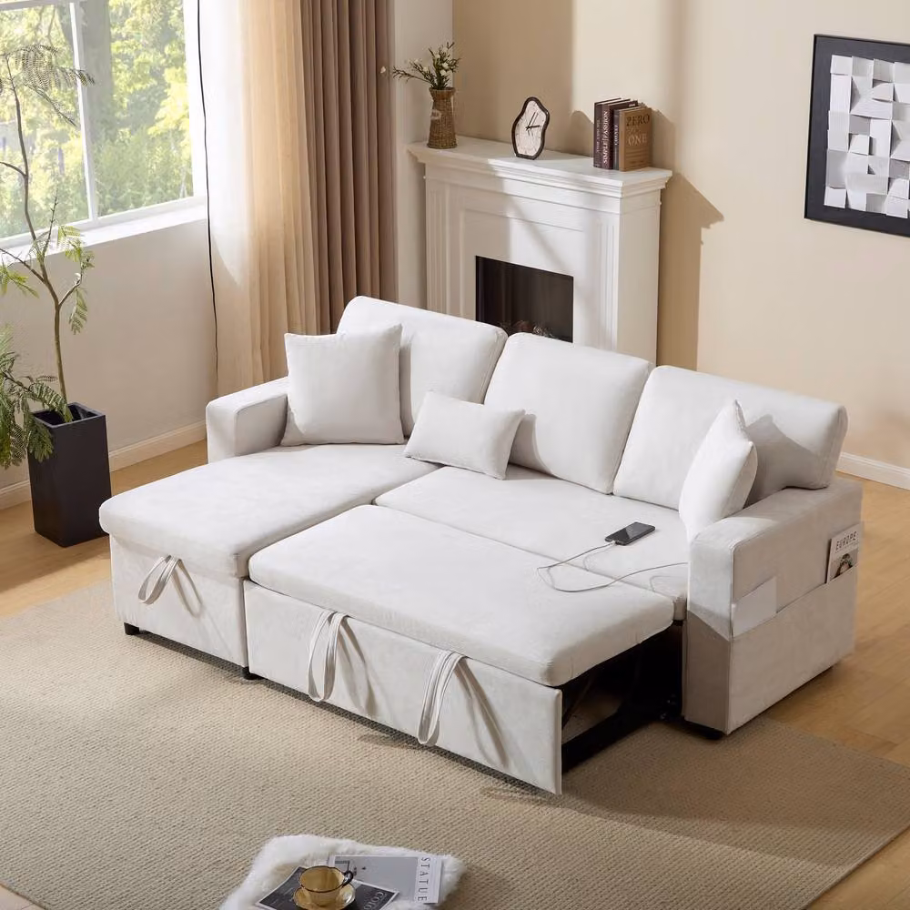 Tokpiedi 3 Seater L-Shaped Reversible Sectional Sofa Bed with USB Charging and Side Shelf in Beige Fabric – 2