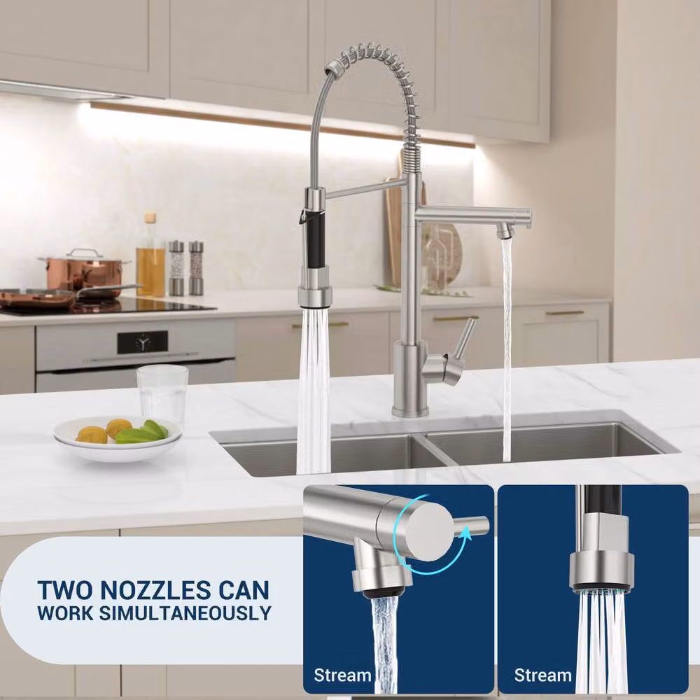 Dayone Brushed Silver Kitchen Sink Mixer Tap with 360 Degree Swivel and Pull Down Spray Function – 2