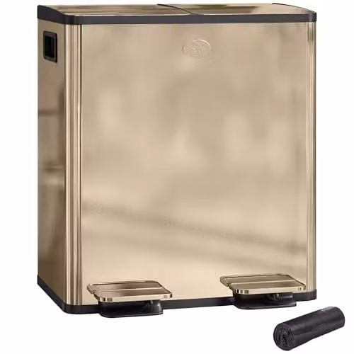 HOMCOM Dual Stainless Steel Pedal Kitchen Bin with Removable Inner Buckets, Gold Tone, 2 x 20L – 1