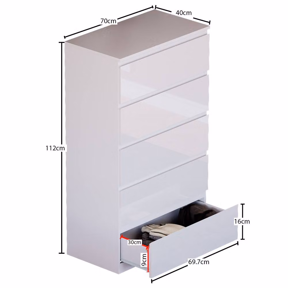HD Designs Glinton 5 Drawer Chest of Drawers in White High Gloss – 2