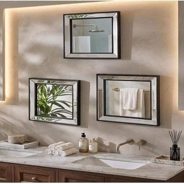 DEENZ Set of 3 Square Beaded Wall Mirrors in Black and Silver