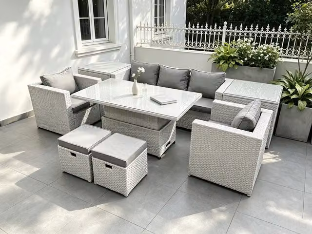 Fimous Rattan Garden Furniture Set with Adjustable Height Lifting Table, Sofa, Dining Set, 2 Side Tables and Stools in Light Grey – 1