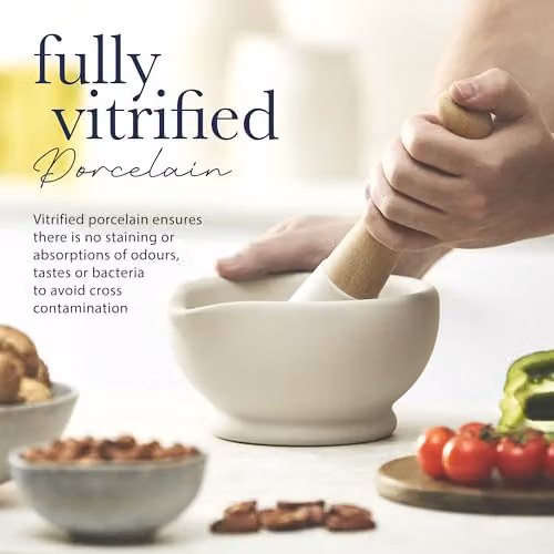 Milton Brook Vitrified Porcelain Mortar and Pestle Set in White and Light Beige, Diameter: 20 cm – 6