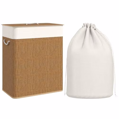 HOMCOM 100L 2-Section Laundry Basket with Lid and Handles in Brown – 1