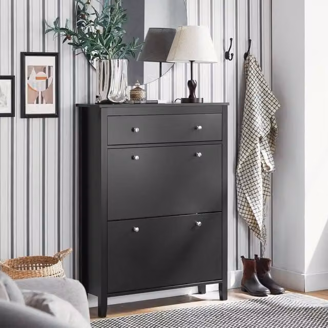 SoBuy Slim Scandinavian Style Shoe Cabinet in Matt Black with Tilting Compartments and Internal Shelves – 1