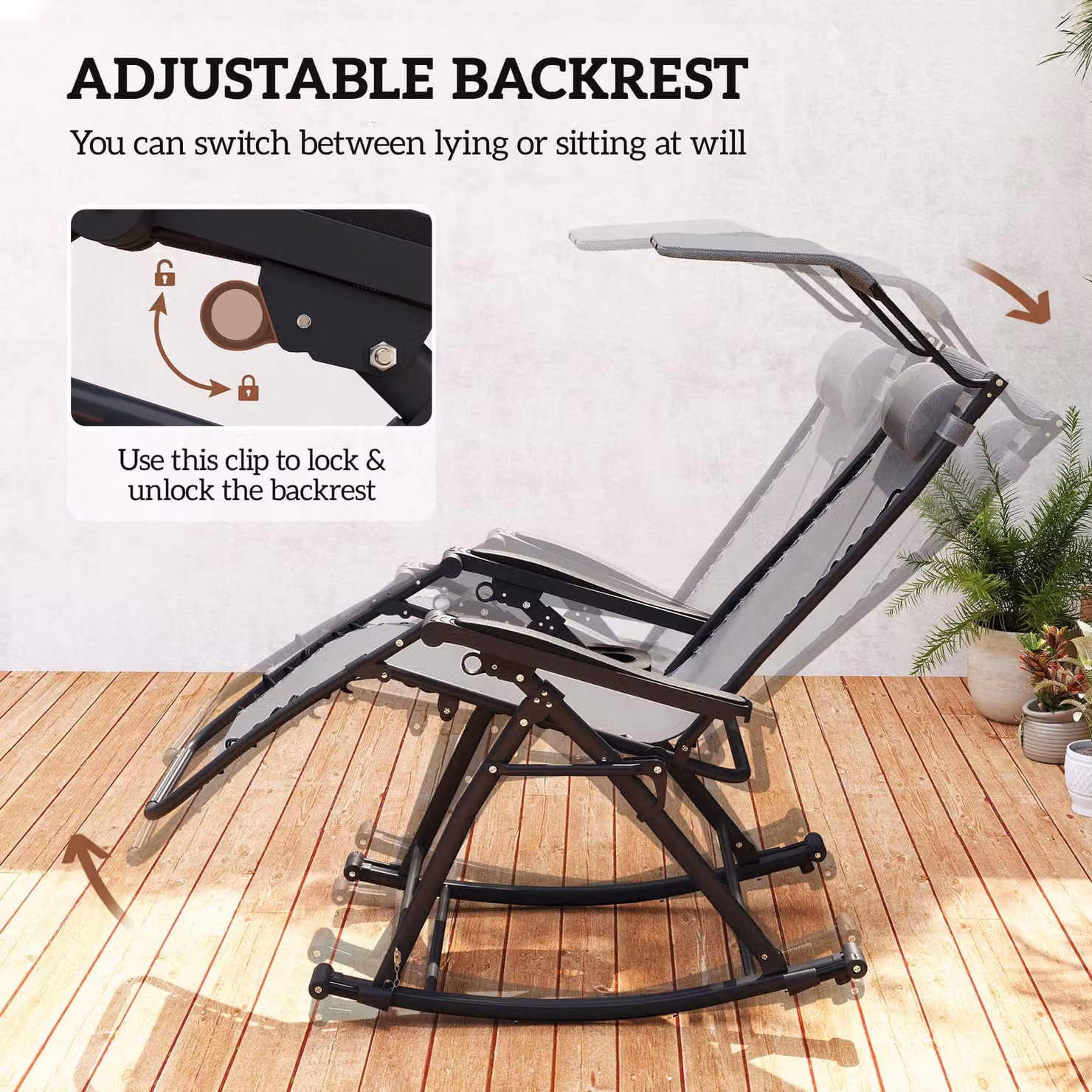 Outsunny Grey Garden Rocking Chair Folding Recliner with Adjustable Headrest and Side Holder – 6