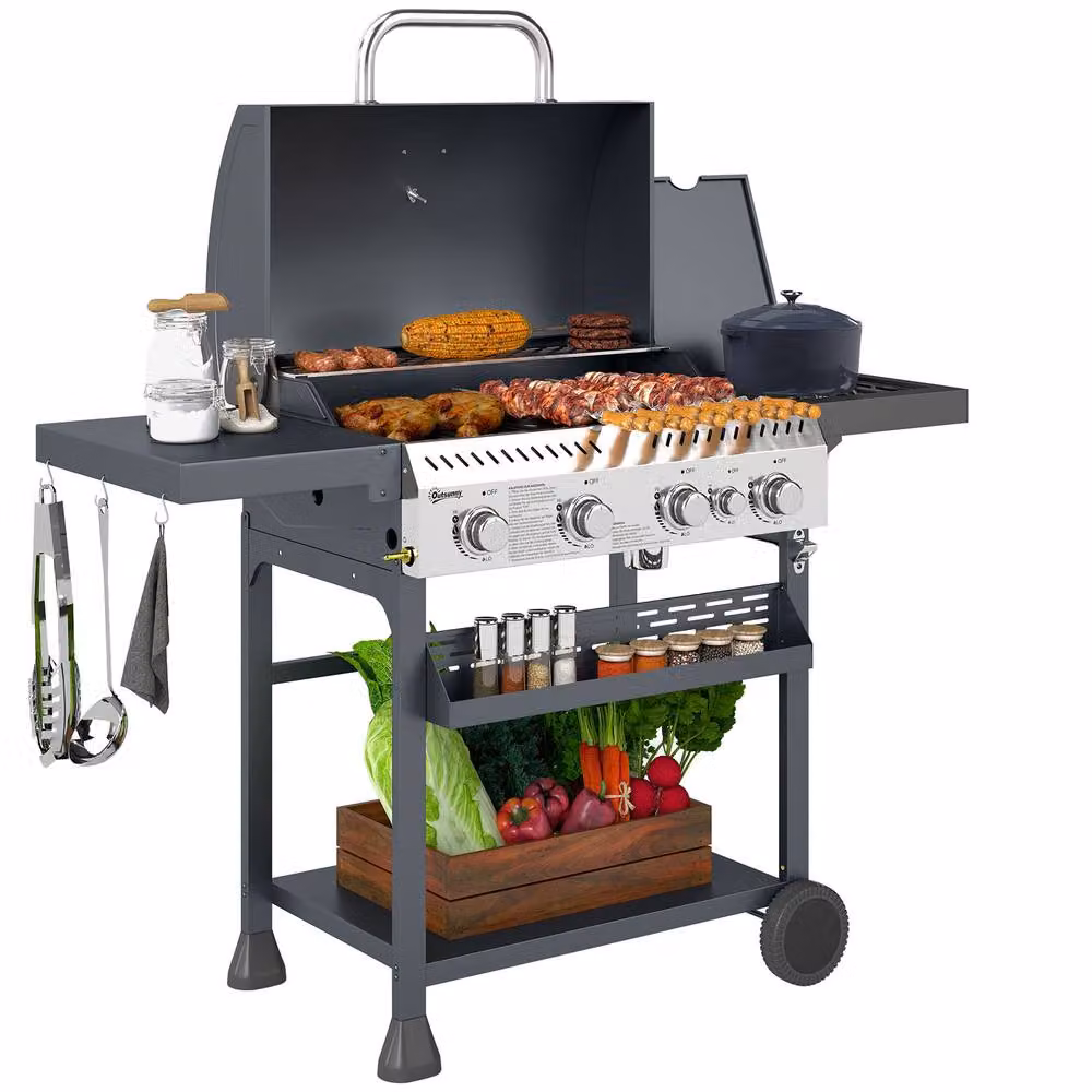 OUTSUNNY Propane Gas Barbecue BBQ Grill with Wheels, Warming Rack and Thermometer, Black – 2