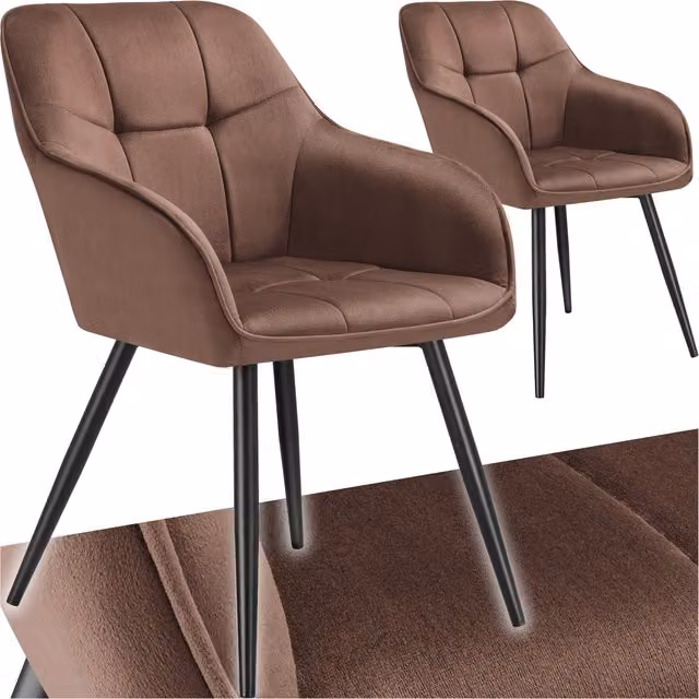 TECTAKE Marilyn Dining Chairs Set of 2, Velvet Look Fabric with Geometric Quilted Pattern in Brown and Black