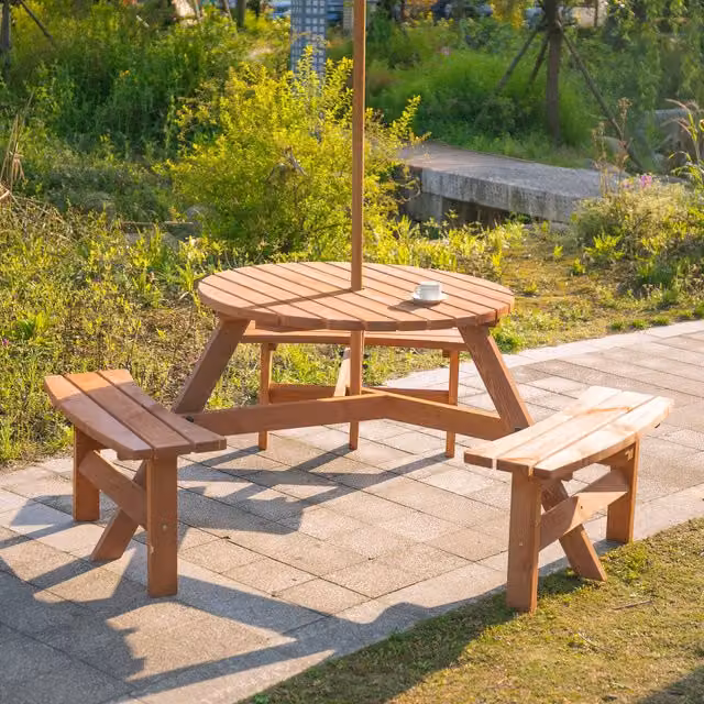 Outsunny Rustic Brown Wood Garden Round Table with Benches