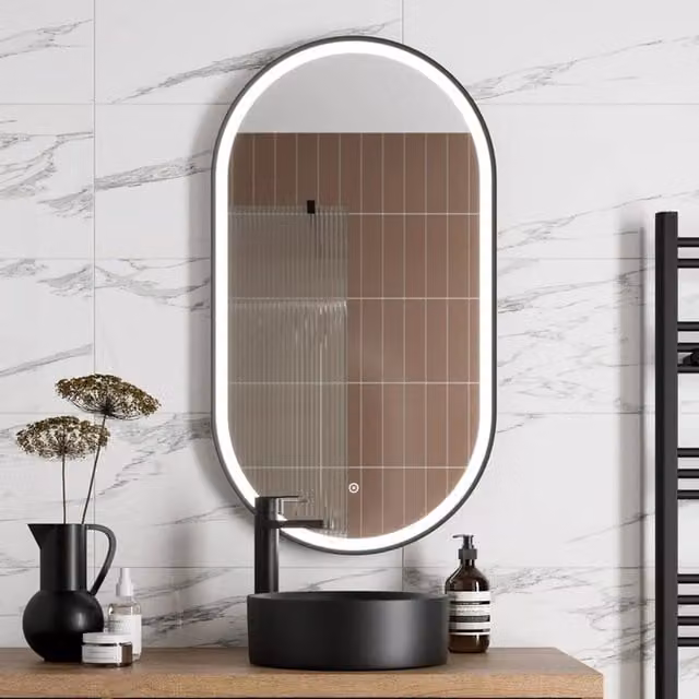 Bathwell Oval LED Mirror with Demister and Touch Switch in Matt Black, H 100 cm x W 55 cm