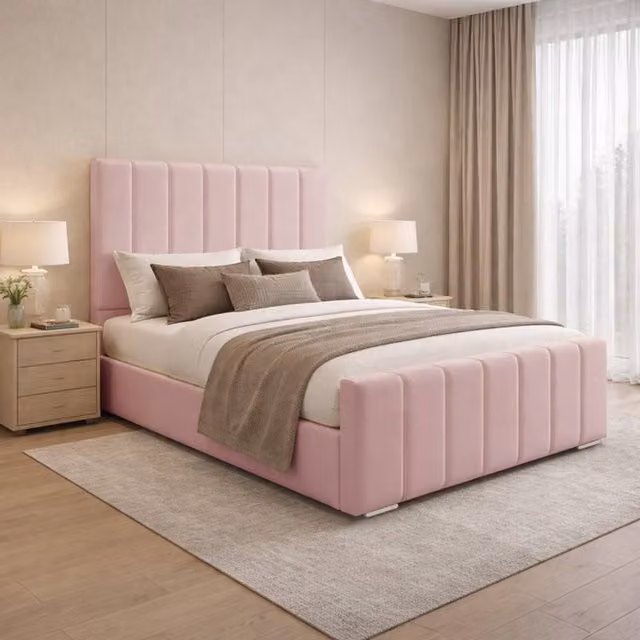 Desire Deco Eleanor Upholstered Plush Velvet Panel Bed Frame, Pink, Super King, 200 x 200 cm