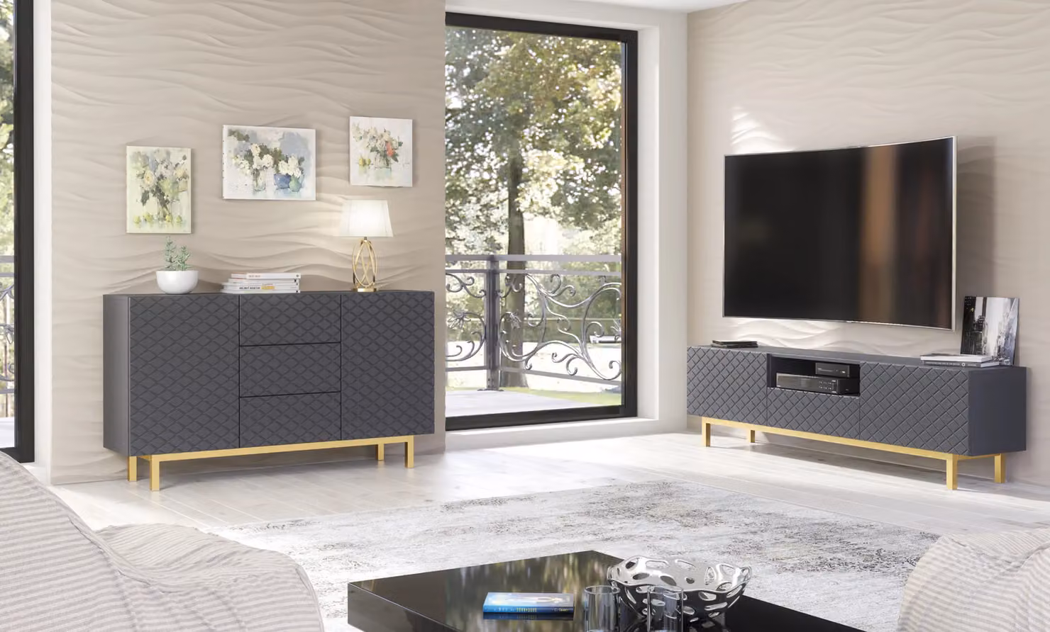 Creative Furniture Diamond Luxe TV Unit in Dark Grey with Push to Open Storage, W: 180 cm, D: 35 cm, H: 50 cm – 4