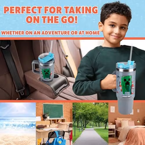 Get Trend Minecraft Insulated Bradley Travel Mug with Straw and Handle, 840ml, Grey – 3
