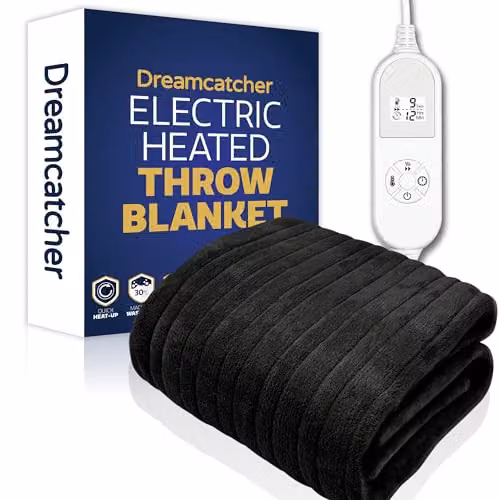 Dreamcatcher Deluxe Electric Heated Double Throw Blanket in Black with Fleece Finish and Timer – 5