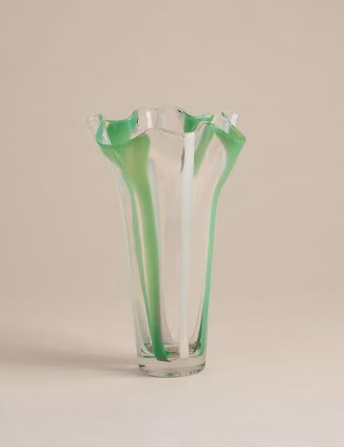 M&S Striped Sage Green Glass Tabletop Vase