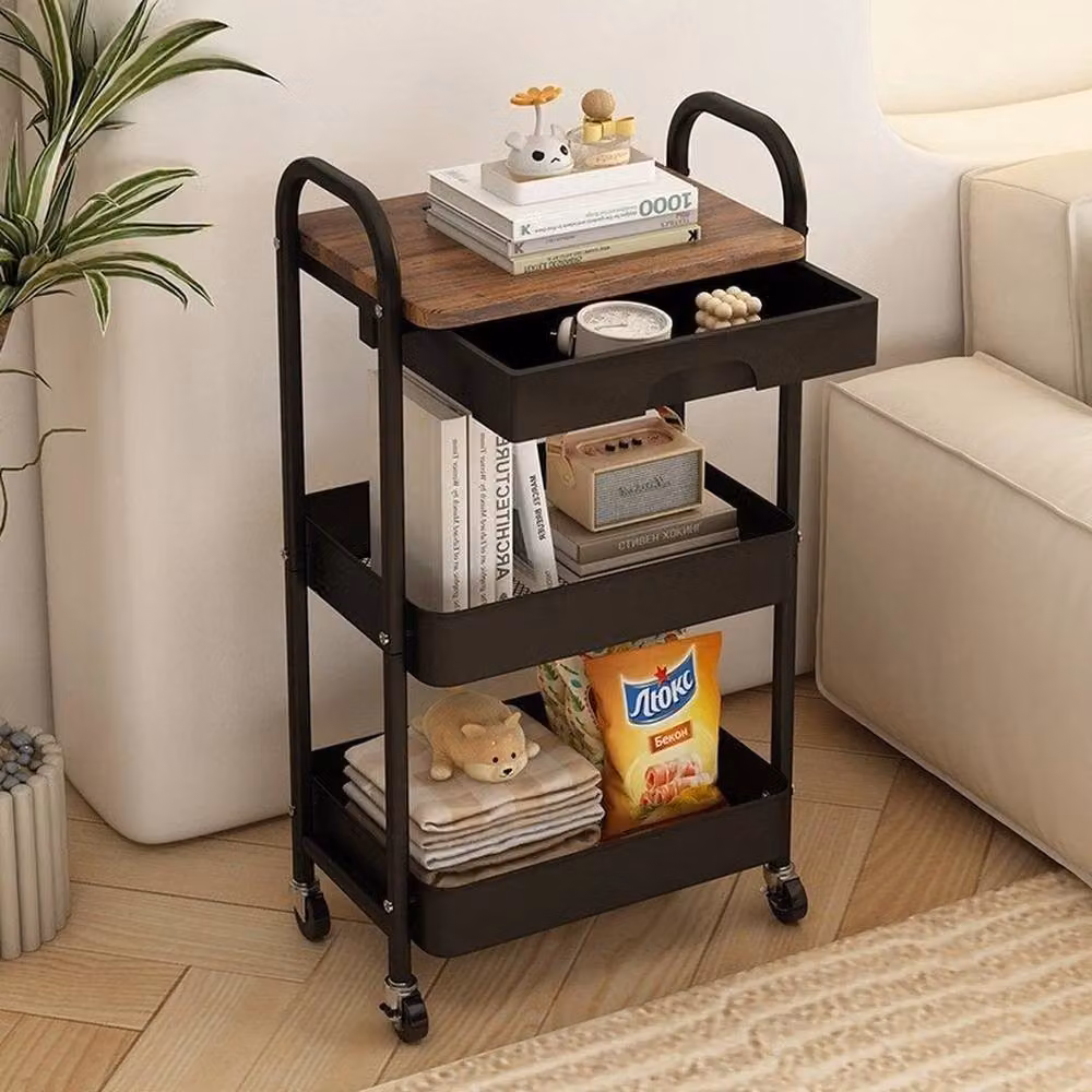 KORVIXA Utility Rolling Storage Trolley Cart with Drawer, Black, W: 100 cm, D: 100 cm, H: 22.5 cm – 2