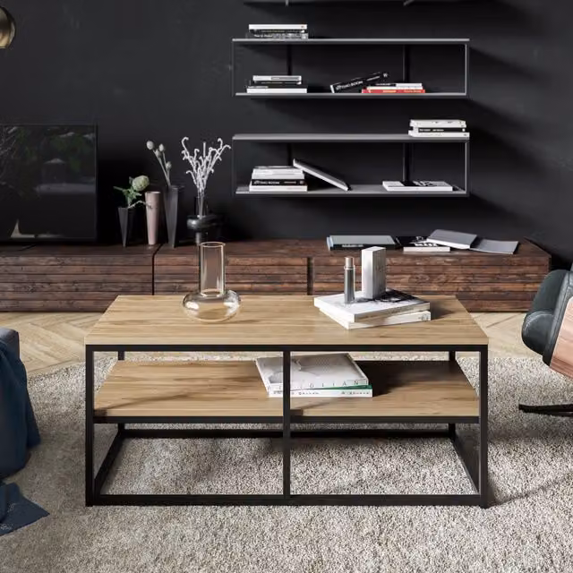 Decorotika Modern Rectangular Coffee Table in Black and Brown with Glass and Metal Details