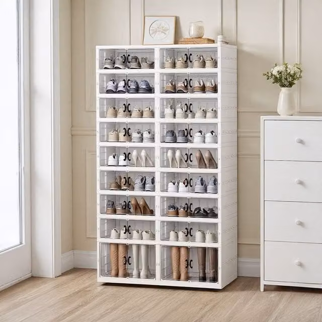 Lifeideas Foldable Shoe Cabinet with Tall Bottom Box in White and Transparent, Height: 171 cm