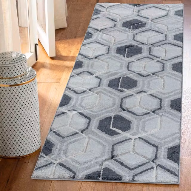 Desire Rugs Valencia Modern Hexagon Design Carved Area Rug Runner, Black, W: 60 cm, L: 220 cm