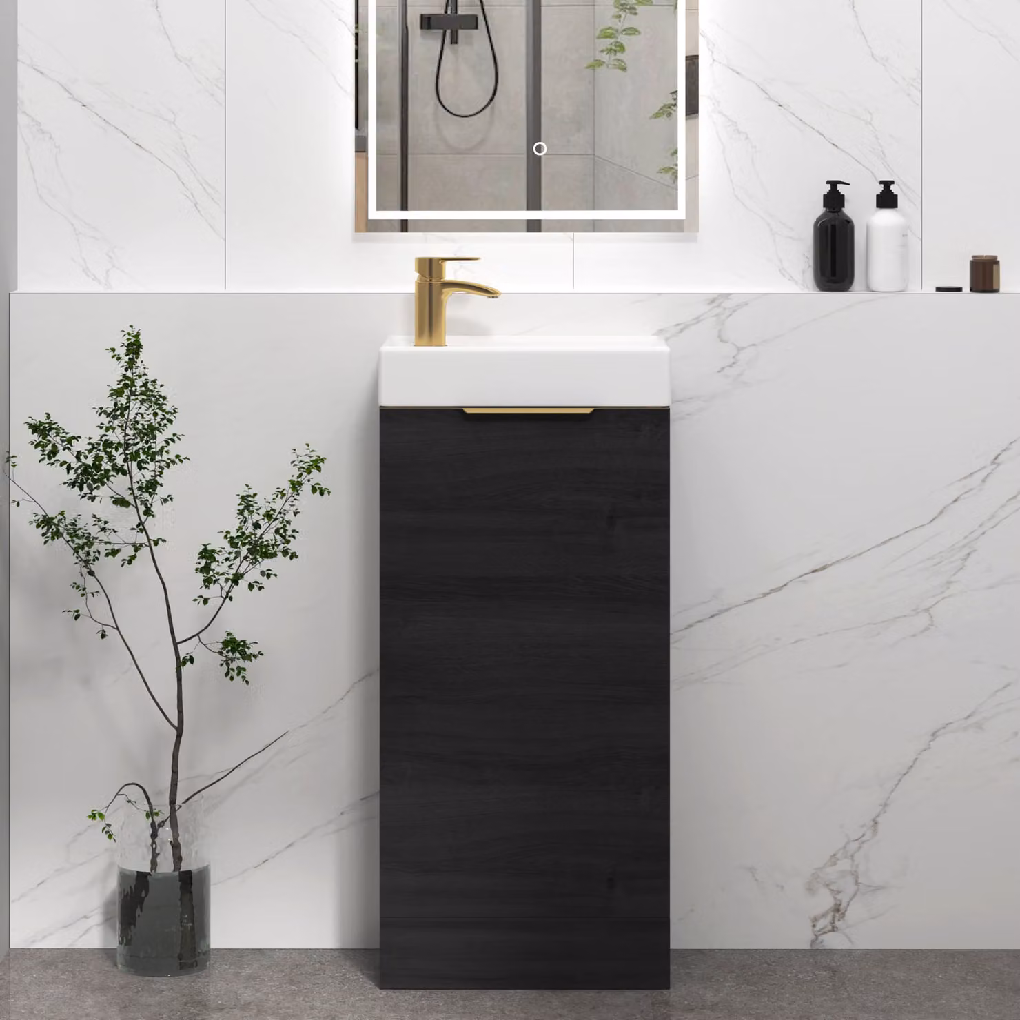 Royal Bathrooms Como 400mm Floor Standing Cloakroom Vanity Unit Basin with 1 Door in Hale Black and Brushed Brass Handle