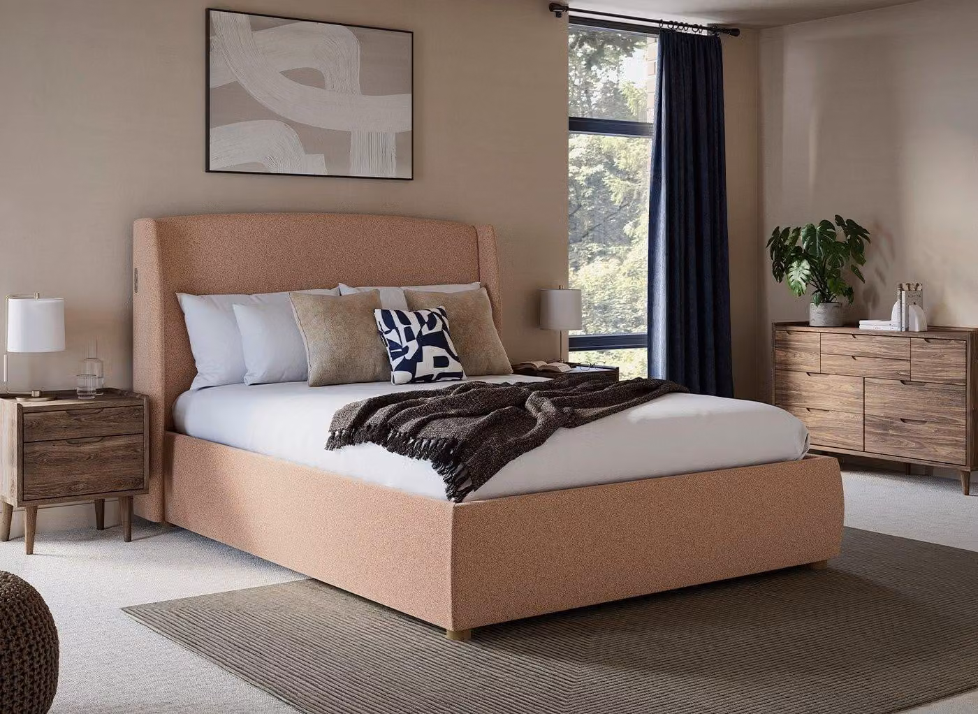 Tempur Linford Upholstered Ottoman Bed Frame in Beige with Under-Bed Lighting and USB Charging Port