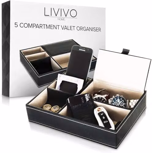 LIVIVO Deluxe 5 Compartment Valet Organiser Tray in Black Textured Faux Leather with Suede Lining and Hinged Lid – 7