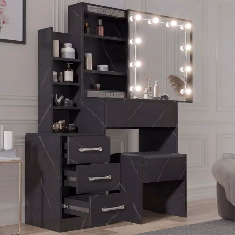 DHS Hollywood LED Mirror Dressing Table with Storage Drawers in Black Marble
