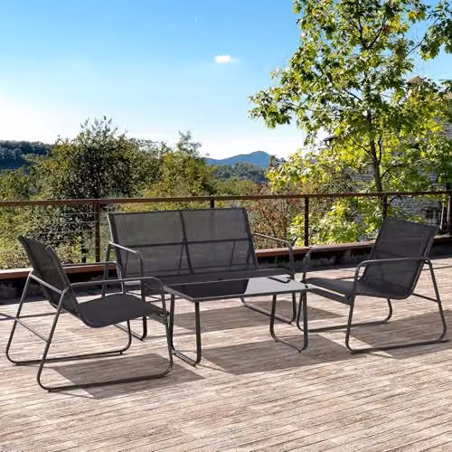Outsunny 4 Piece Garden Furniture Set in Black with Upholstered Cushions, 2 Seater Sofa, Armchairs and Glass Top Coffee Table – 2
