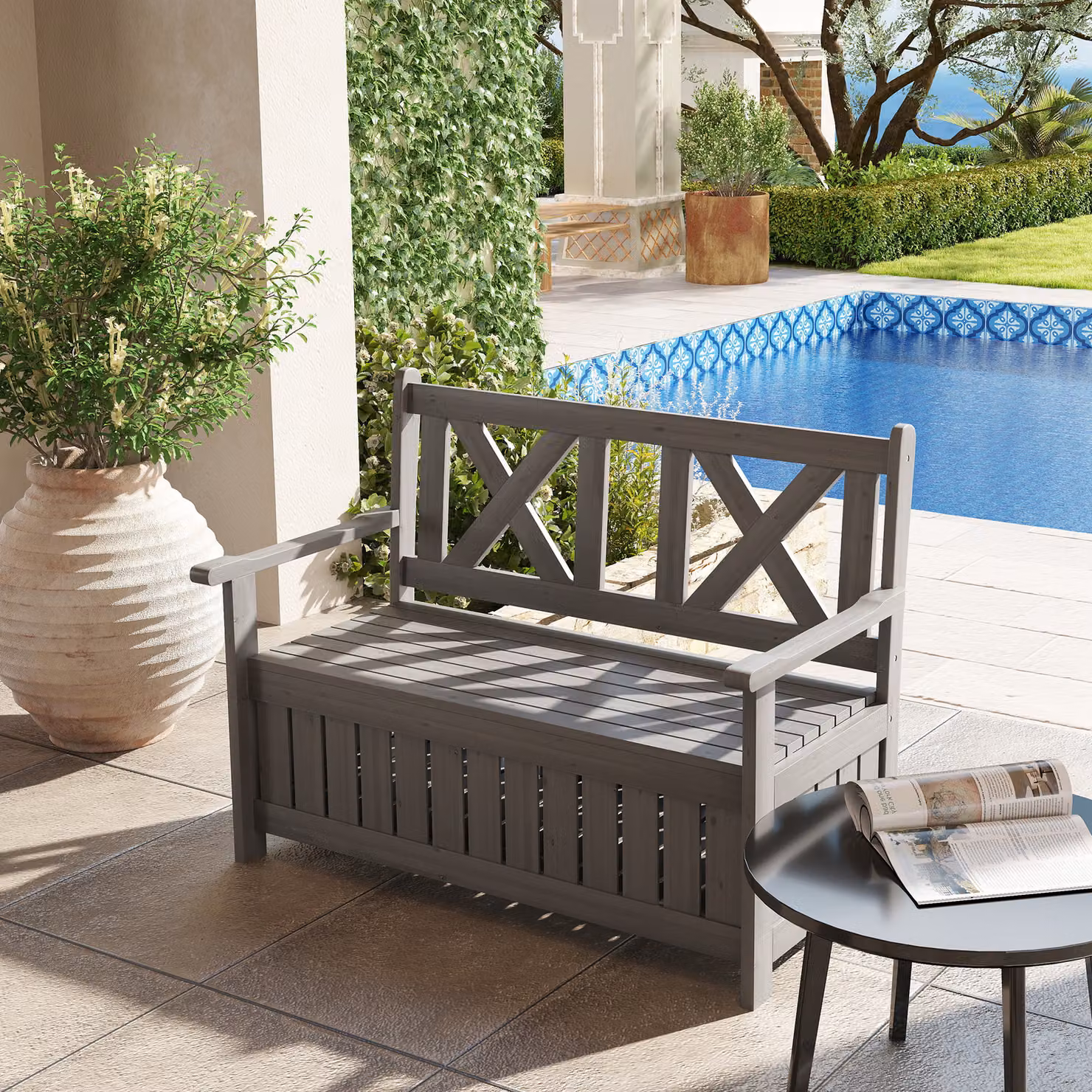 Outsunny 2-Seater Garden Storage Bench in Grey Treated Hardwood with Armrests, W/D/H: 115 x 85 x 220 cm – 8