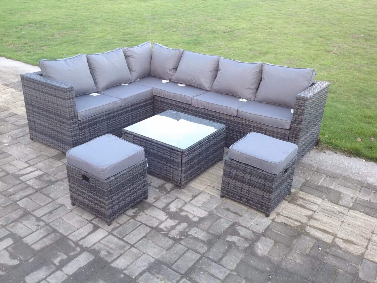 Fimous 8 Seater Grey Polyrattan L-Shape Corner Sofa Set with Coffee Table and Ottoman – 2