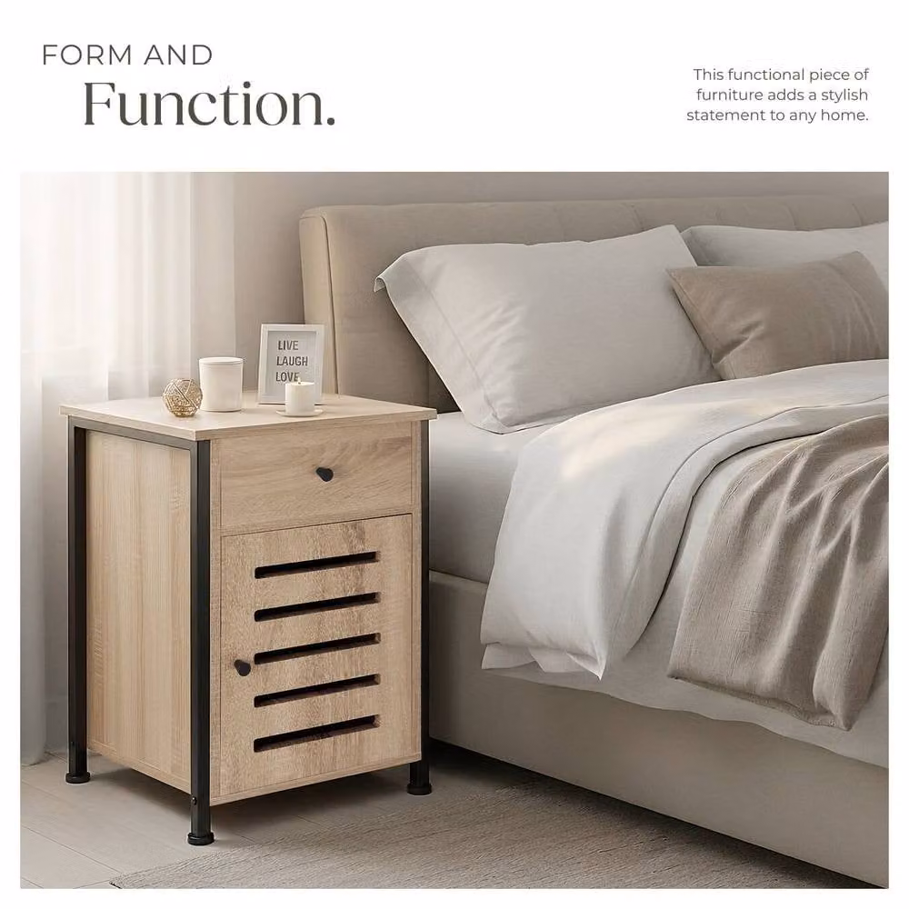 tectake Waterford Bedside Table in Light Oak with Shelf, Drawer and Cupboard, W/D/H: 40 x 42 x 60.5 cm – 5