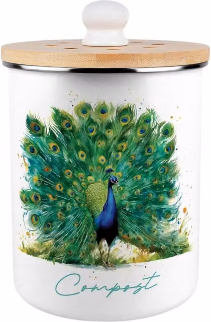 Purely Home Majestic Peacock Metal Compost Caddy with Flip Lid, 2L, Green and White